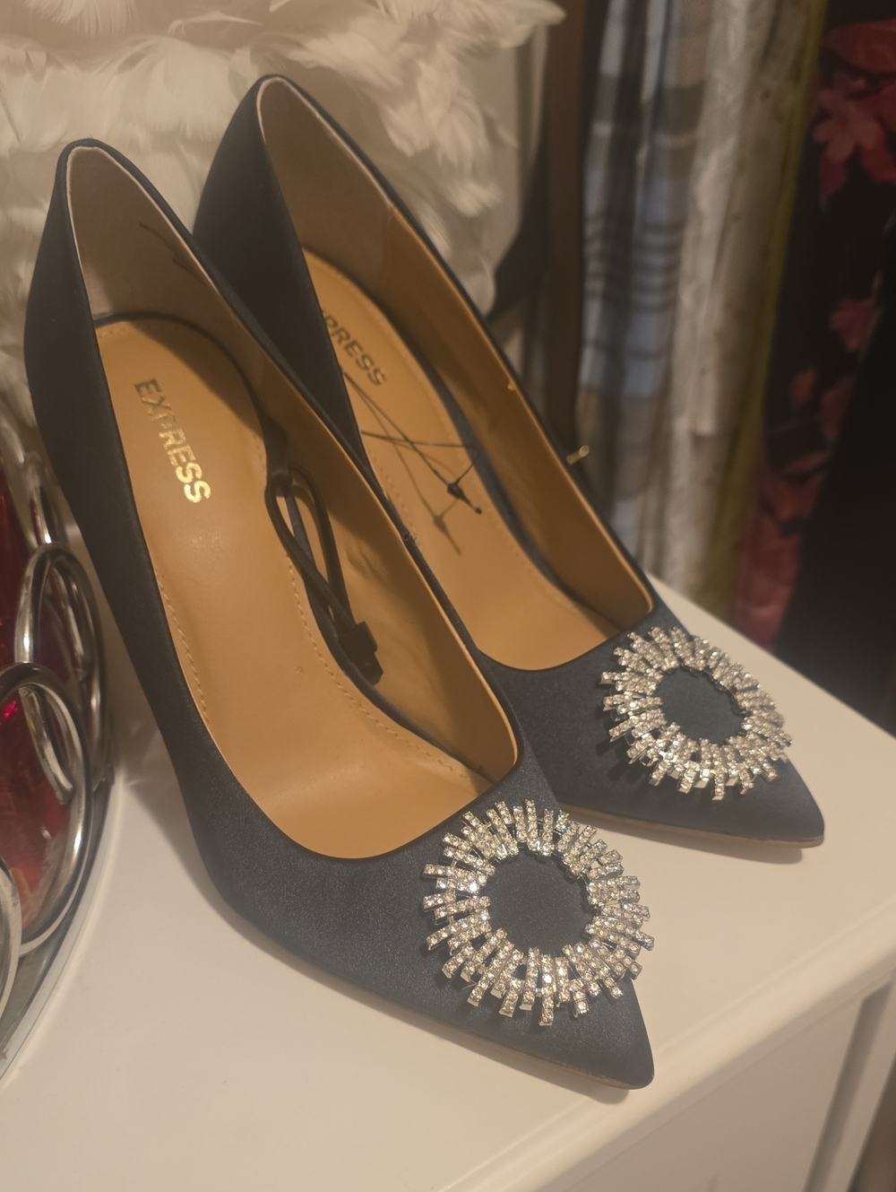 Express Navy Satin Pointed Toe Heels with Crystal Medallion